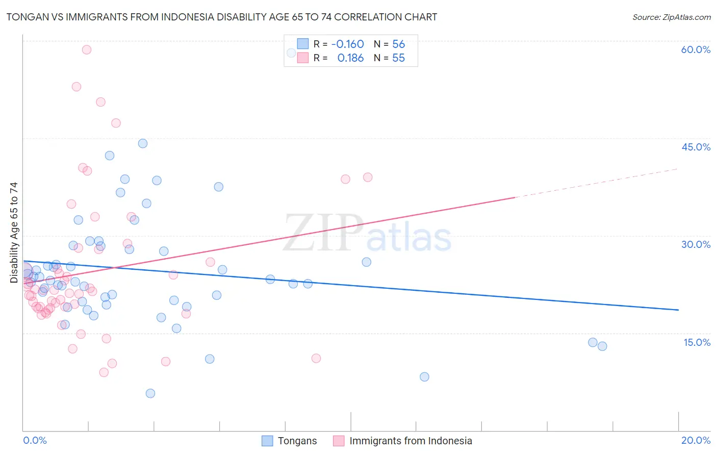 Tongan vs Immigrants from Indonesia Disability Age 65 to 74