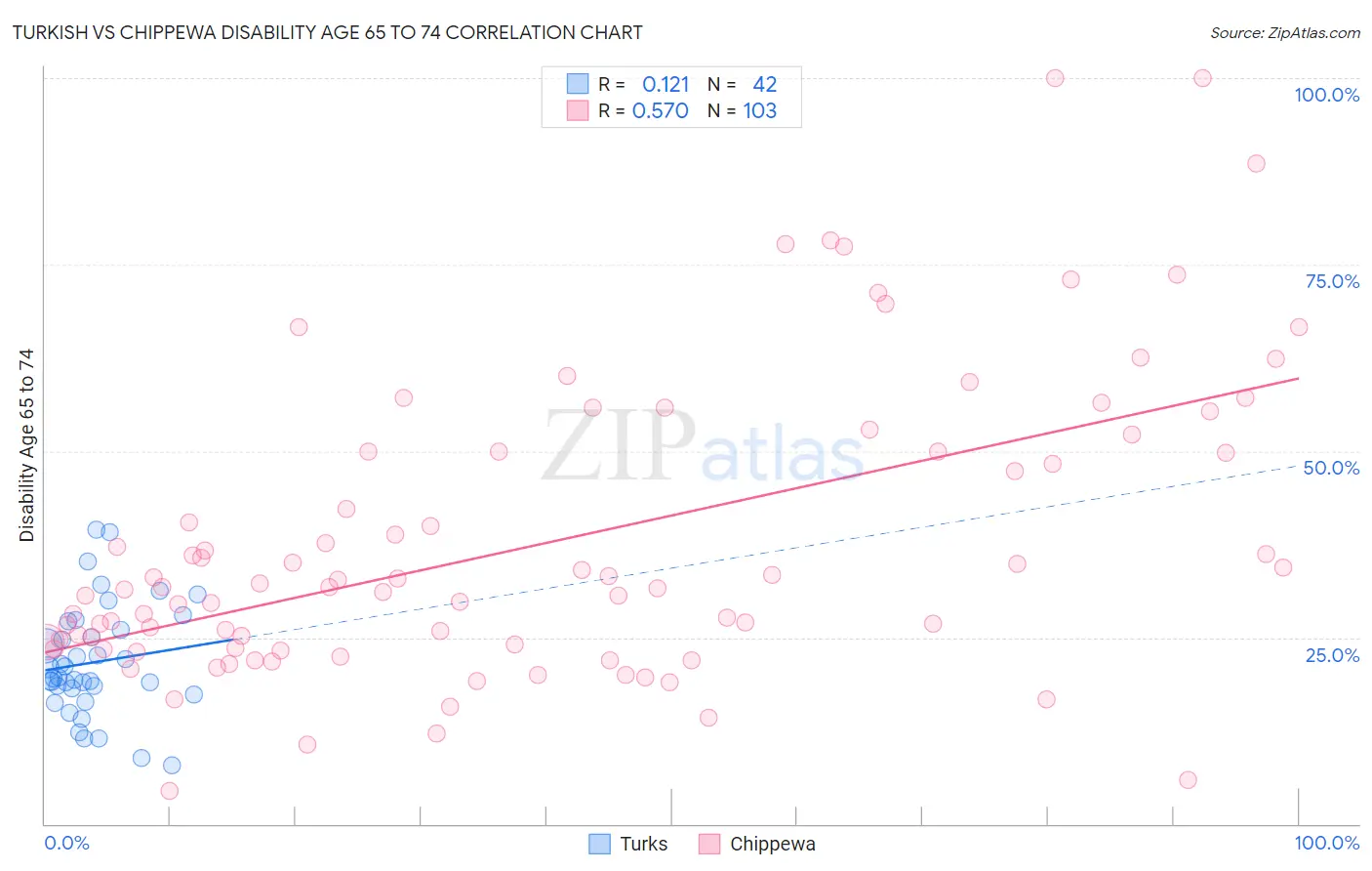Turkish vs Chippewa Disability Age 65 to 74