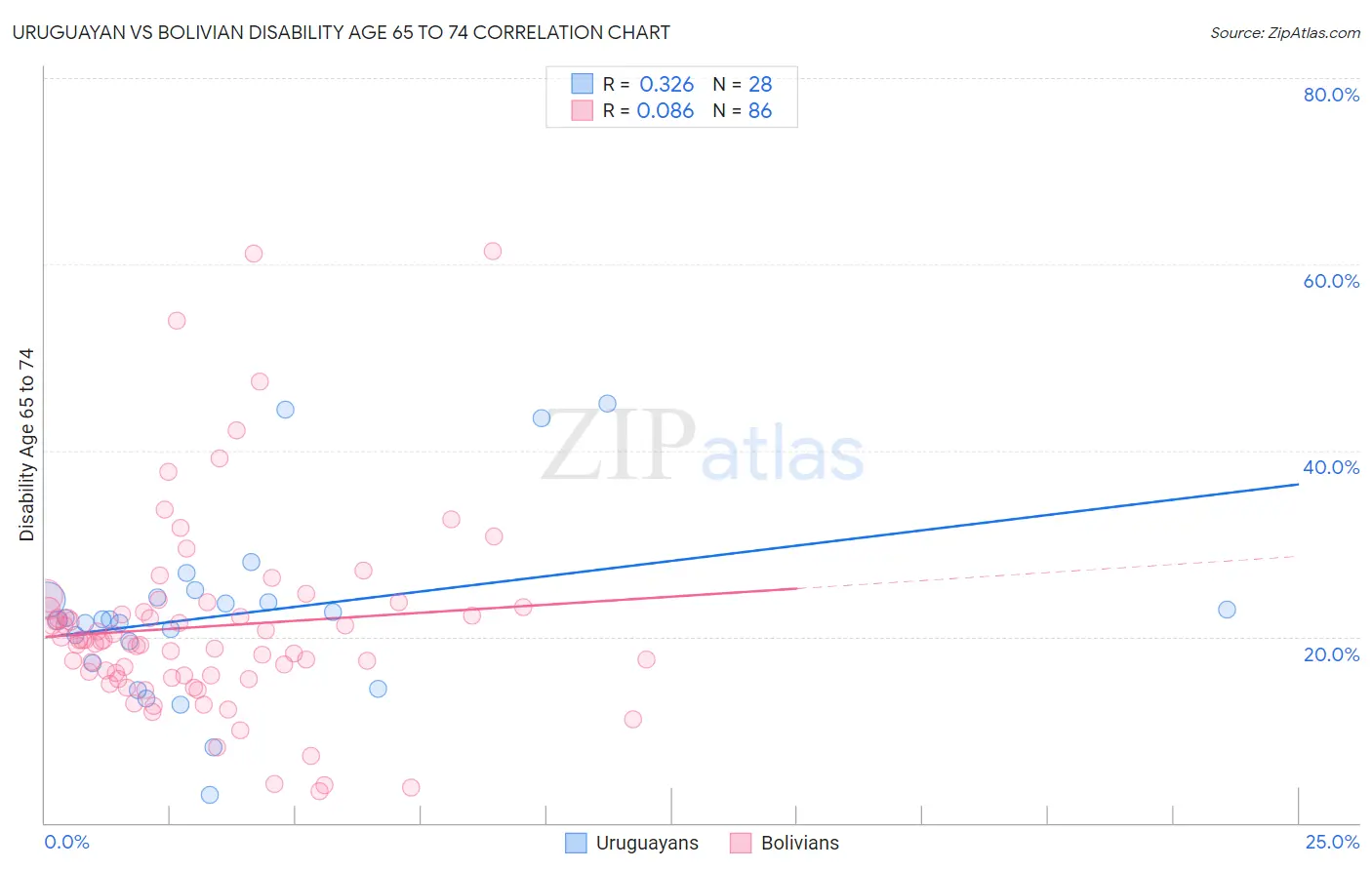 Uruguayan vs Bolivian Disability Age 65 to 74