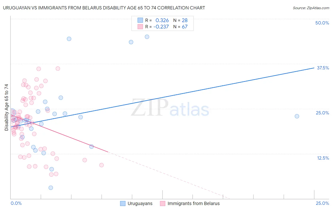 Uruguayan vs Immigrants from Belarus Disability Age 65 to 74