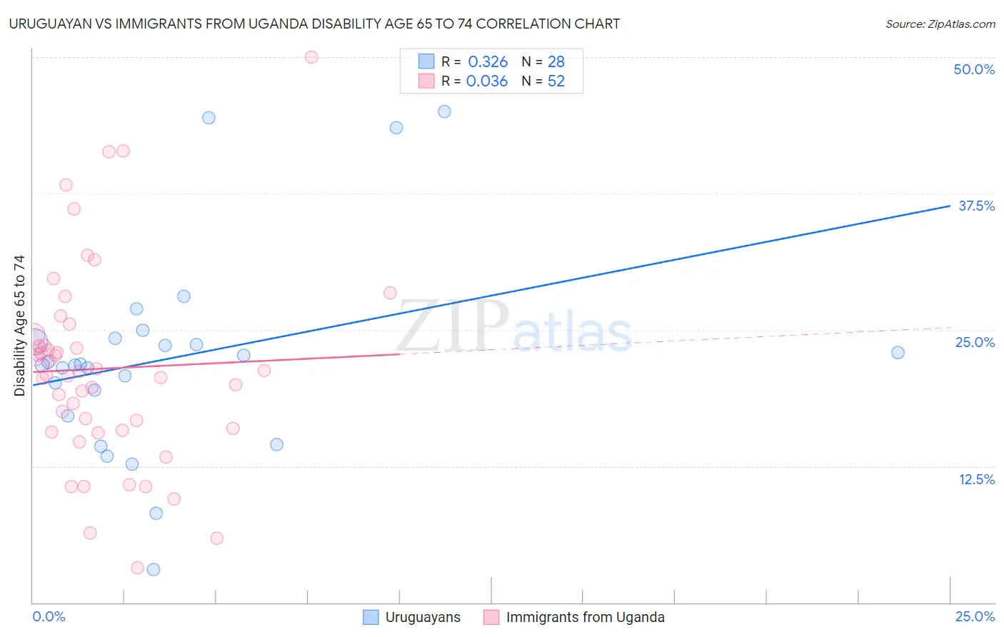 Uruguayan vs Immigrants from Uganda Disability Age 65 to 74