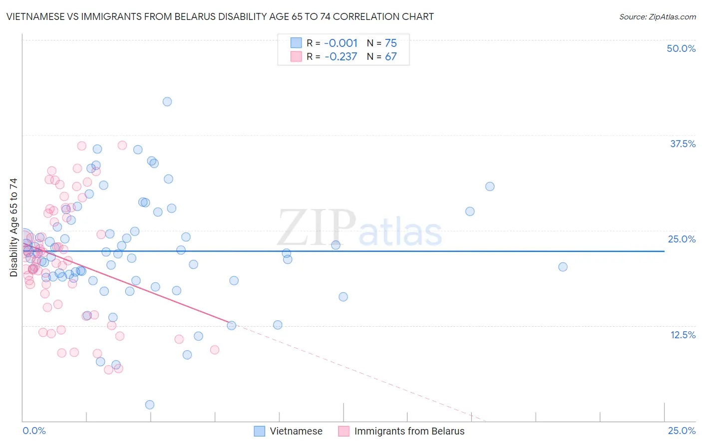 Vietnamese vs Immigrants from Belarus Disability Age 65 to 74