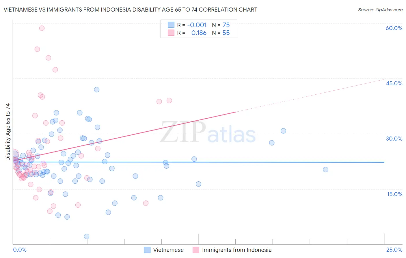 Vietnamese vs Immigrants from Indonesia Disability Age 65 to 74