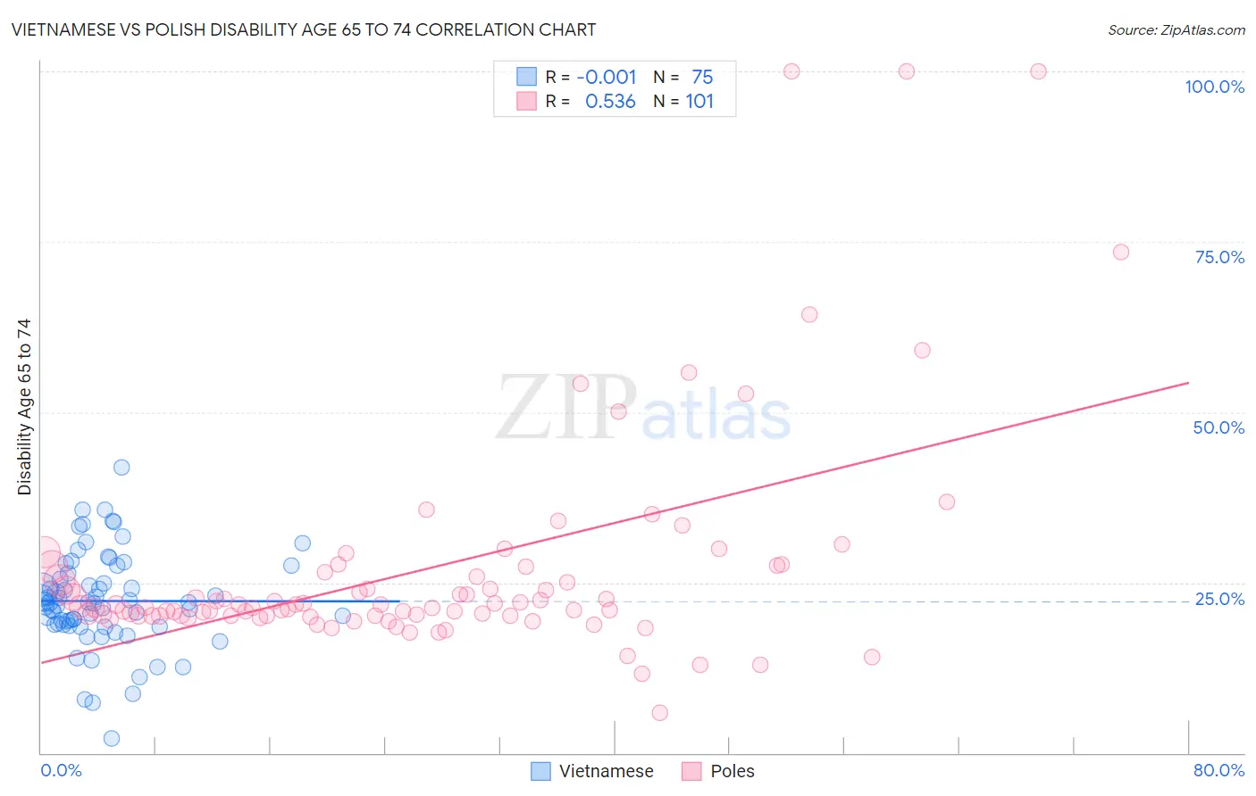 Vietnamese vs Polish Disability Age 65 to 74