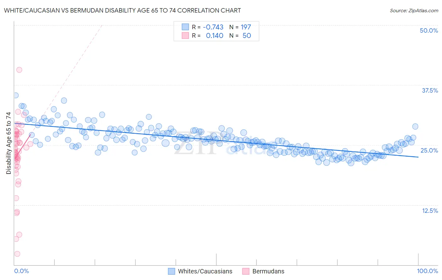 White/Caucasian vs Bermudan Disability Age 65 to 74