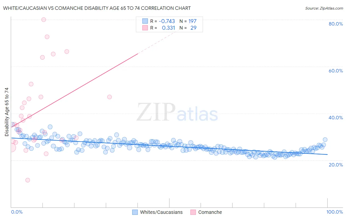 White/Caucasian vs Comanche Disability Age 65 to 74