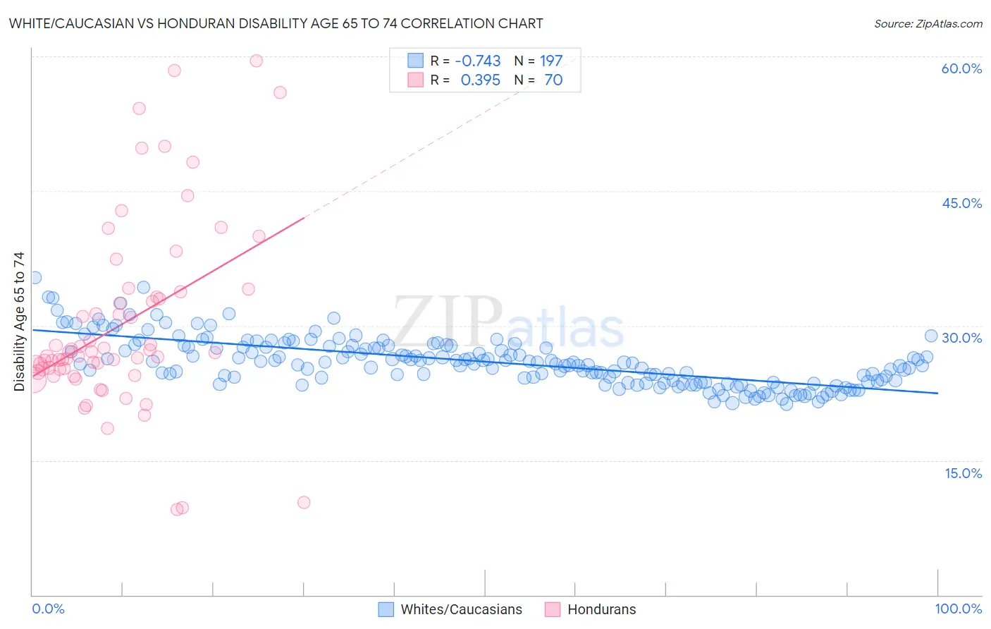 White/Caucasian vs Honduran Disability Age 65 to 74