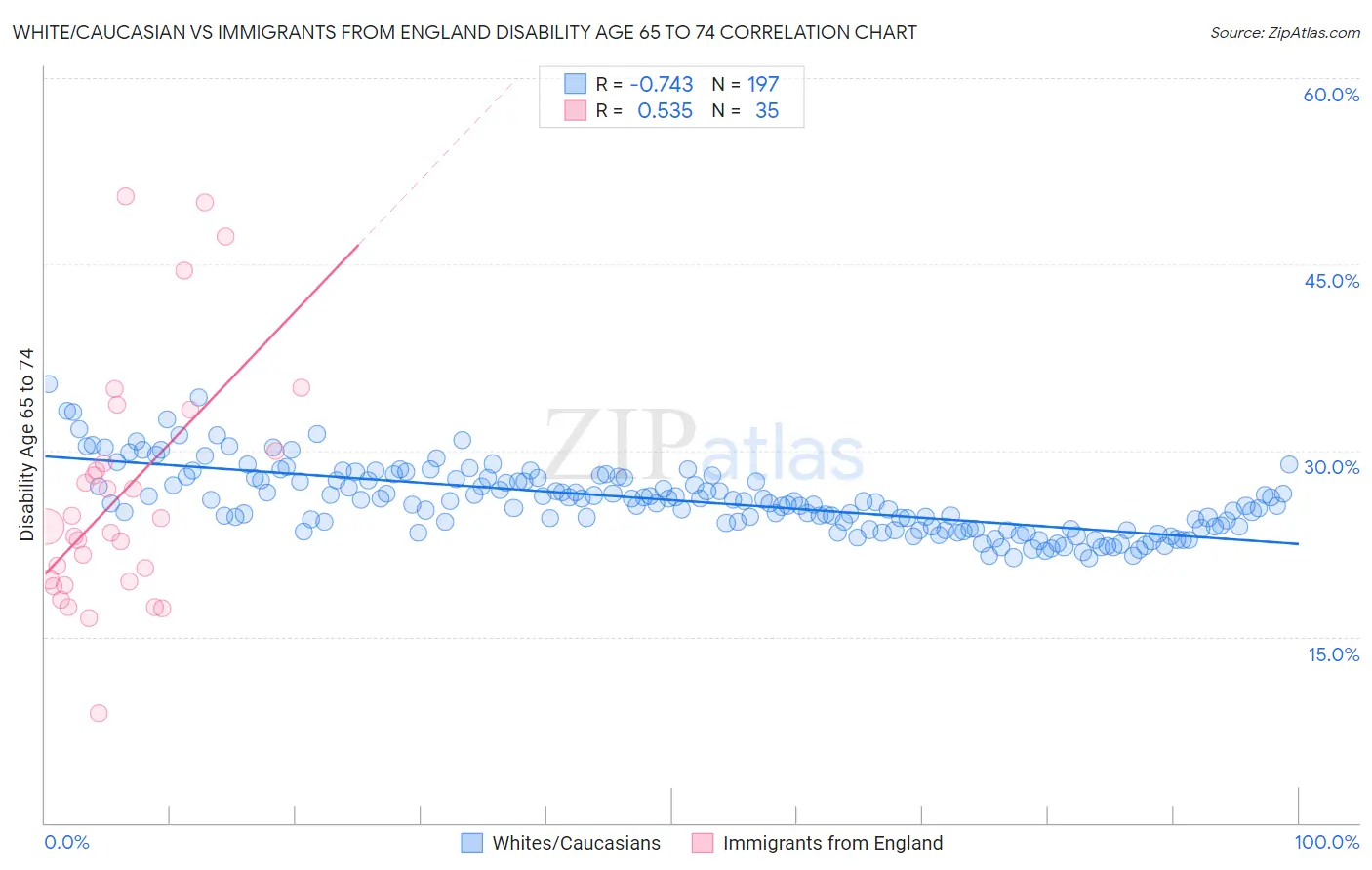 White/Caucasian vs Immigrants from England Disability Age 65 to 74