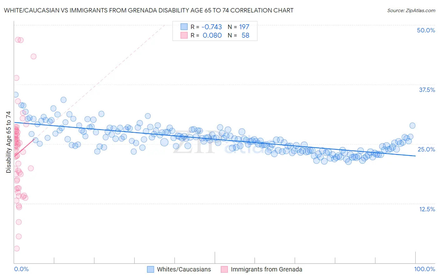 White/Caucasian vs Immigrants from Grenada Disability Age 65 to 74