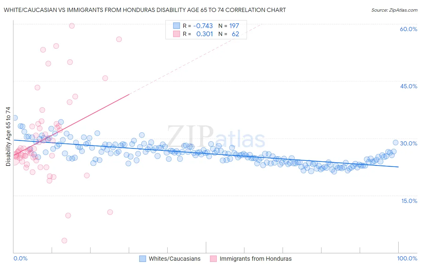 White/Caucasian vs Immigrants from Honduras Disability Age 65 to 74