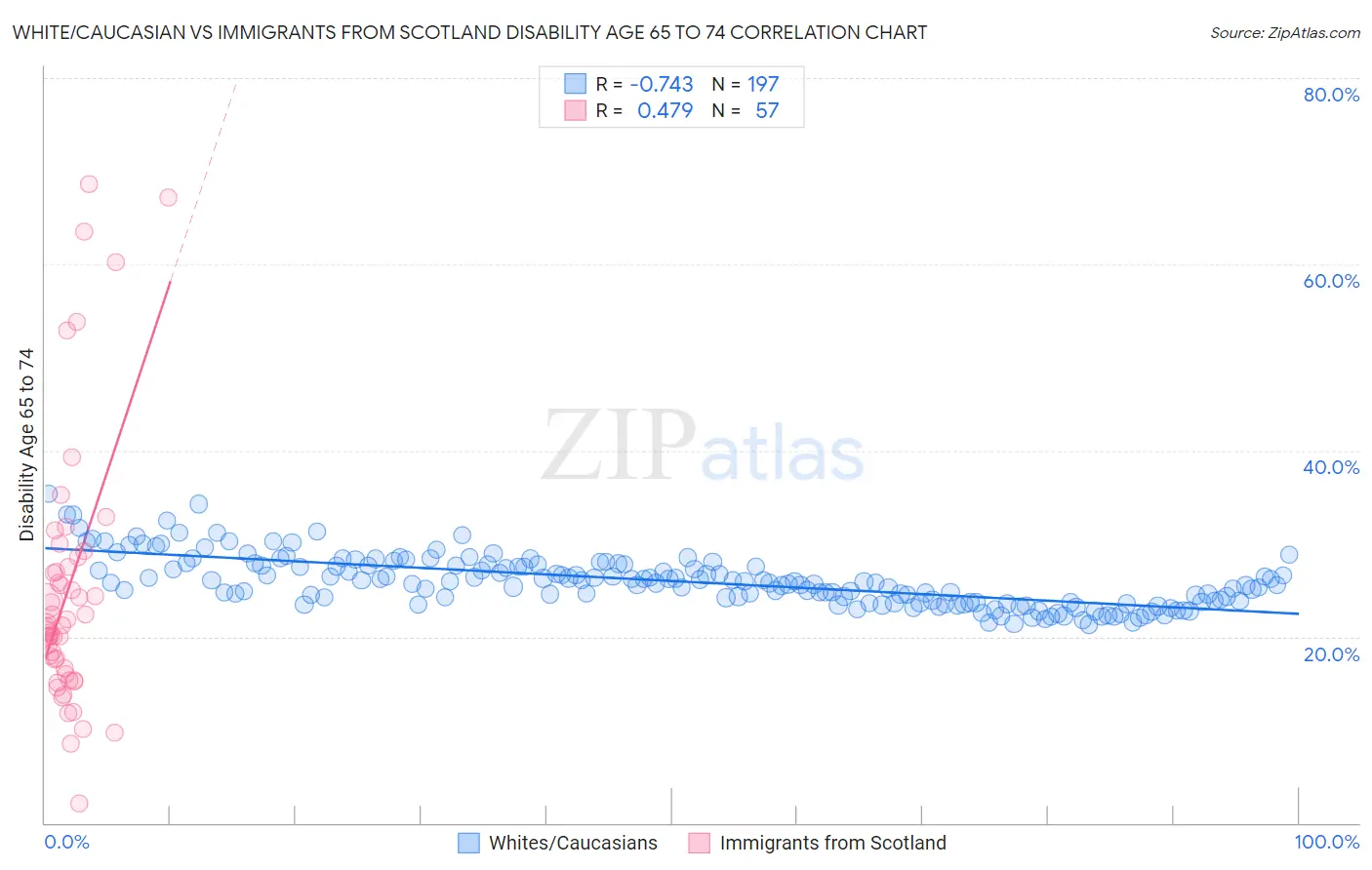 White/Caucasian vs Immigrants from Scotland Disability Age 65 to 74
