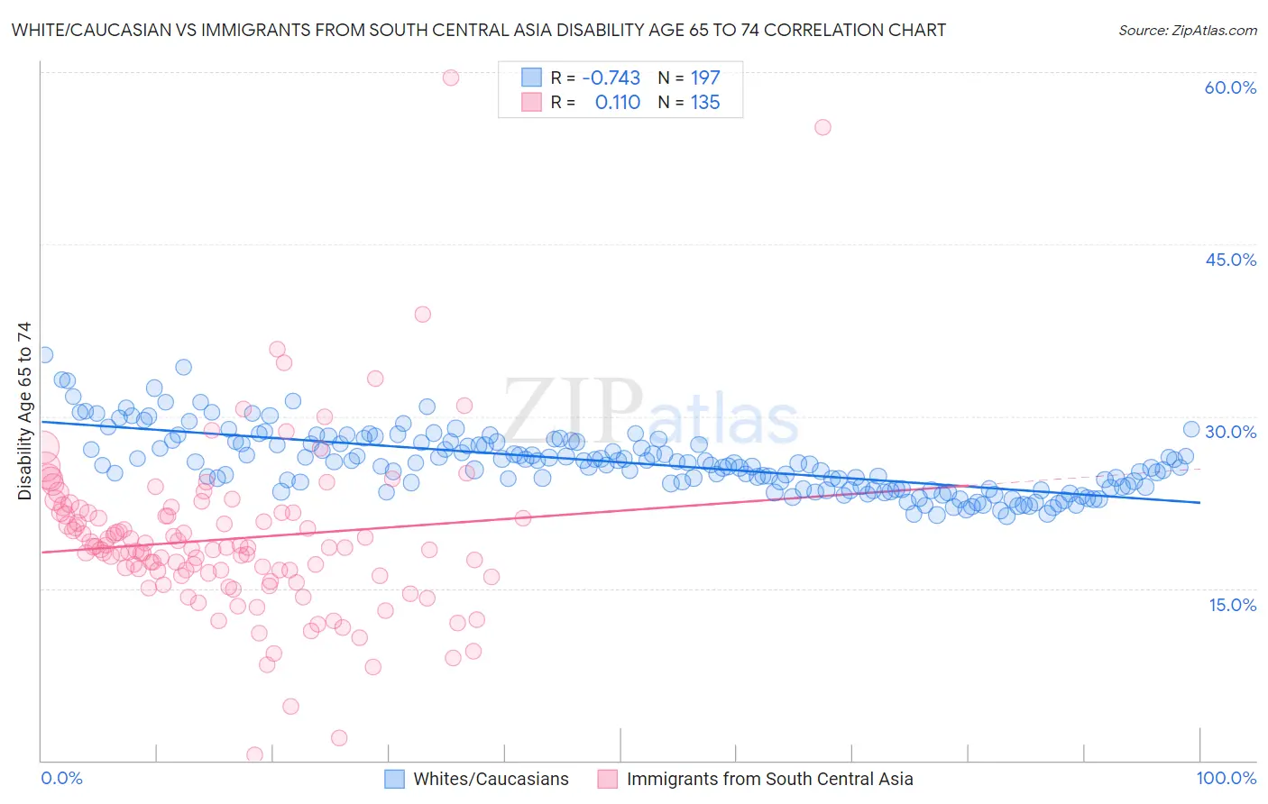 White/Caucasian vs Immigrants from South Central Asia Disability Age 65 to 74