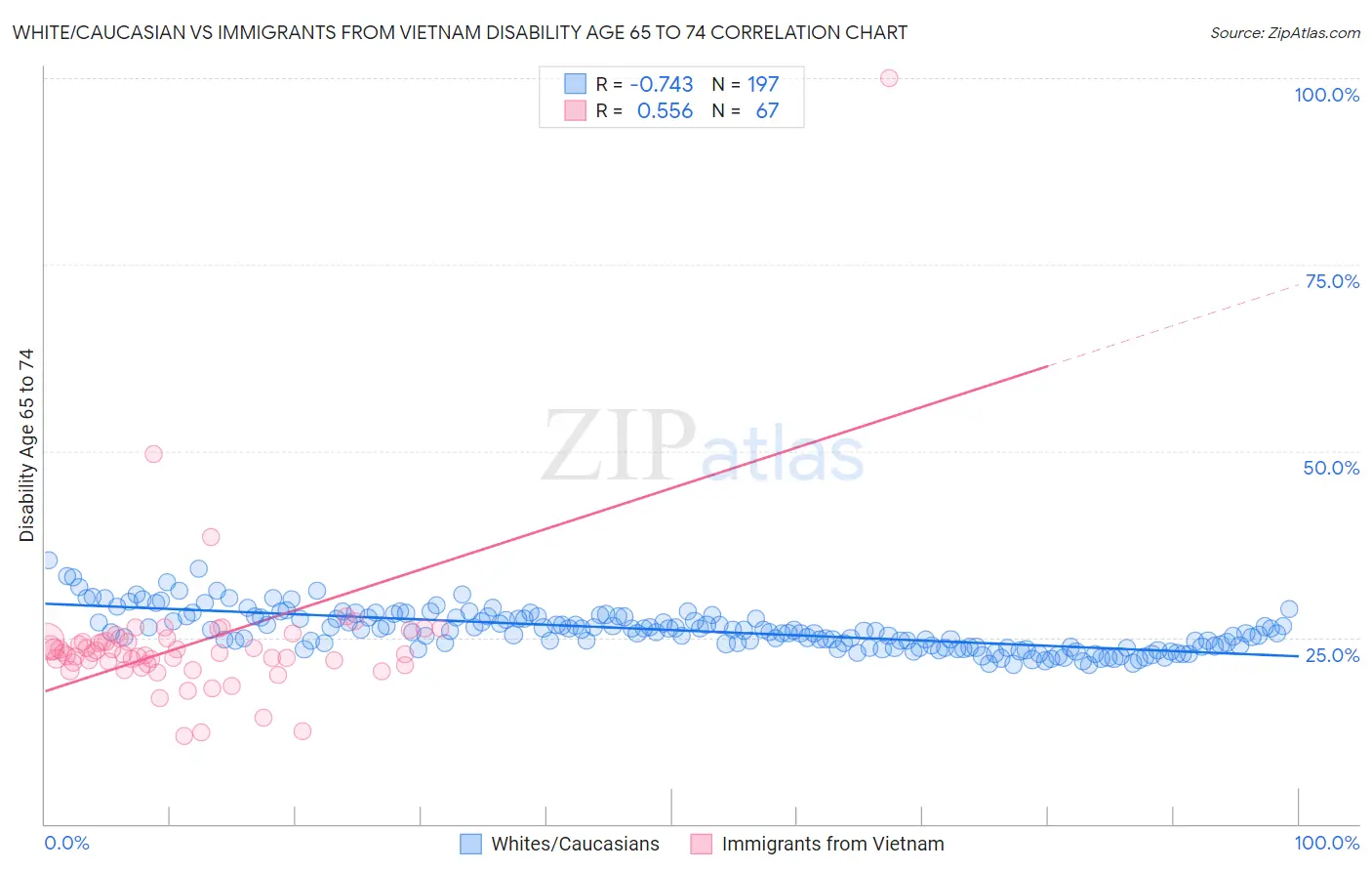 White/Caucasian vs Immigrants from Vietnam Disability Age 65 to 74