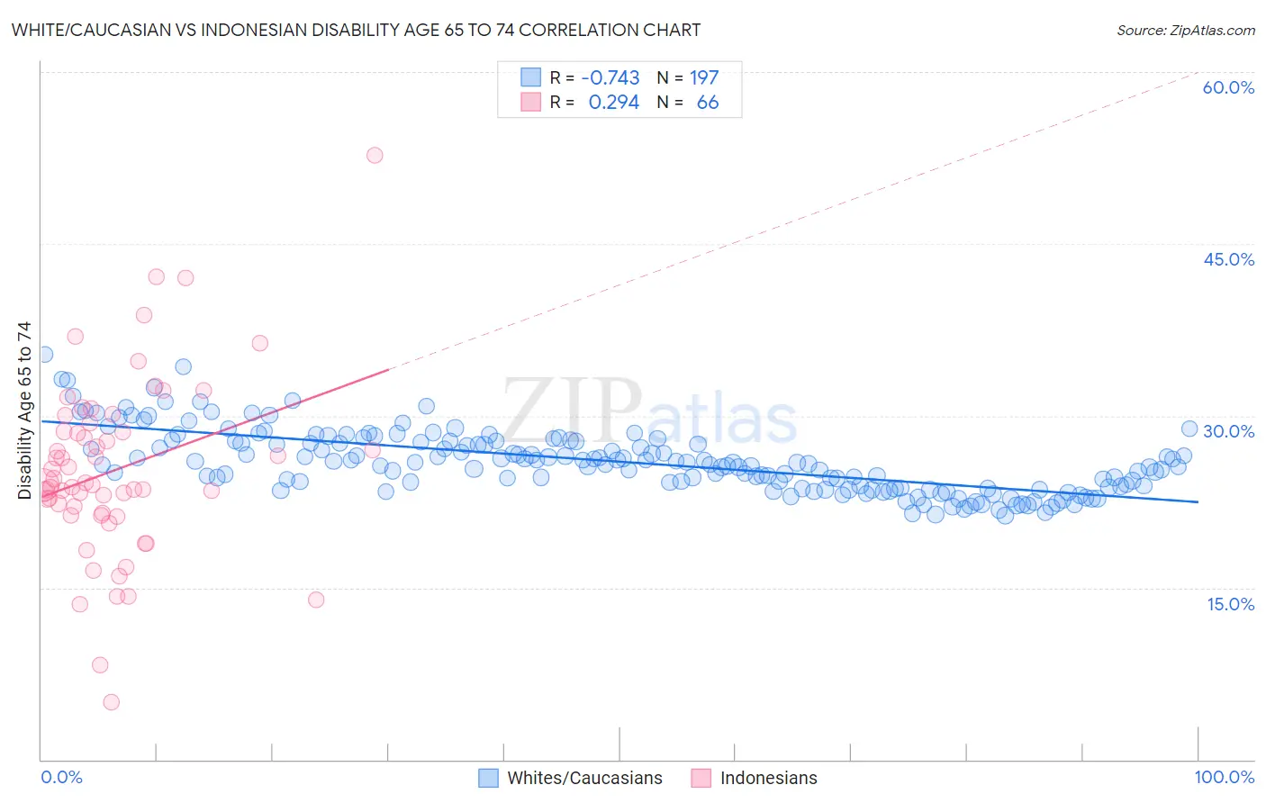 White/Caucasian vs Indonesian Disability Age 65 to 74