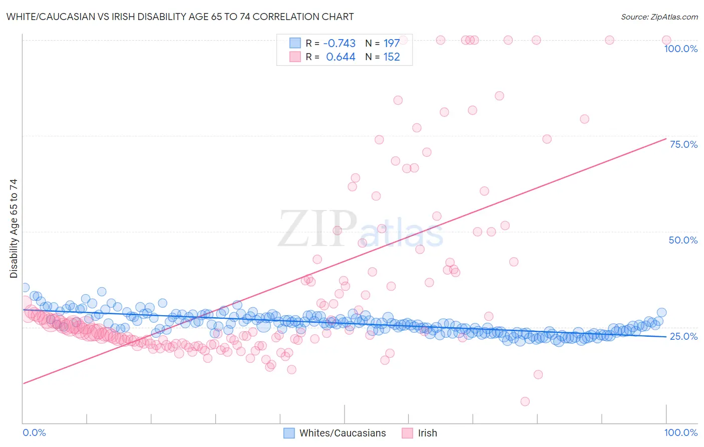 White/Caucasian vs Irish Disability Age 65 to 74