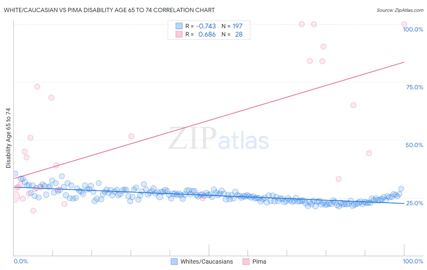 White/Caucasian vs Pima Disability Age 65 to 74