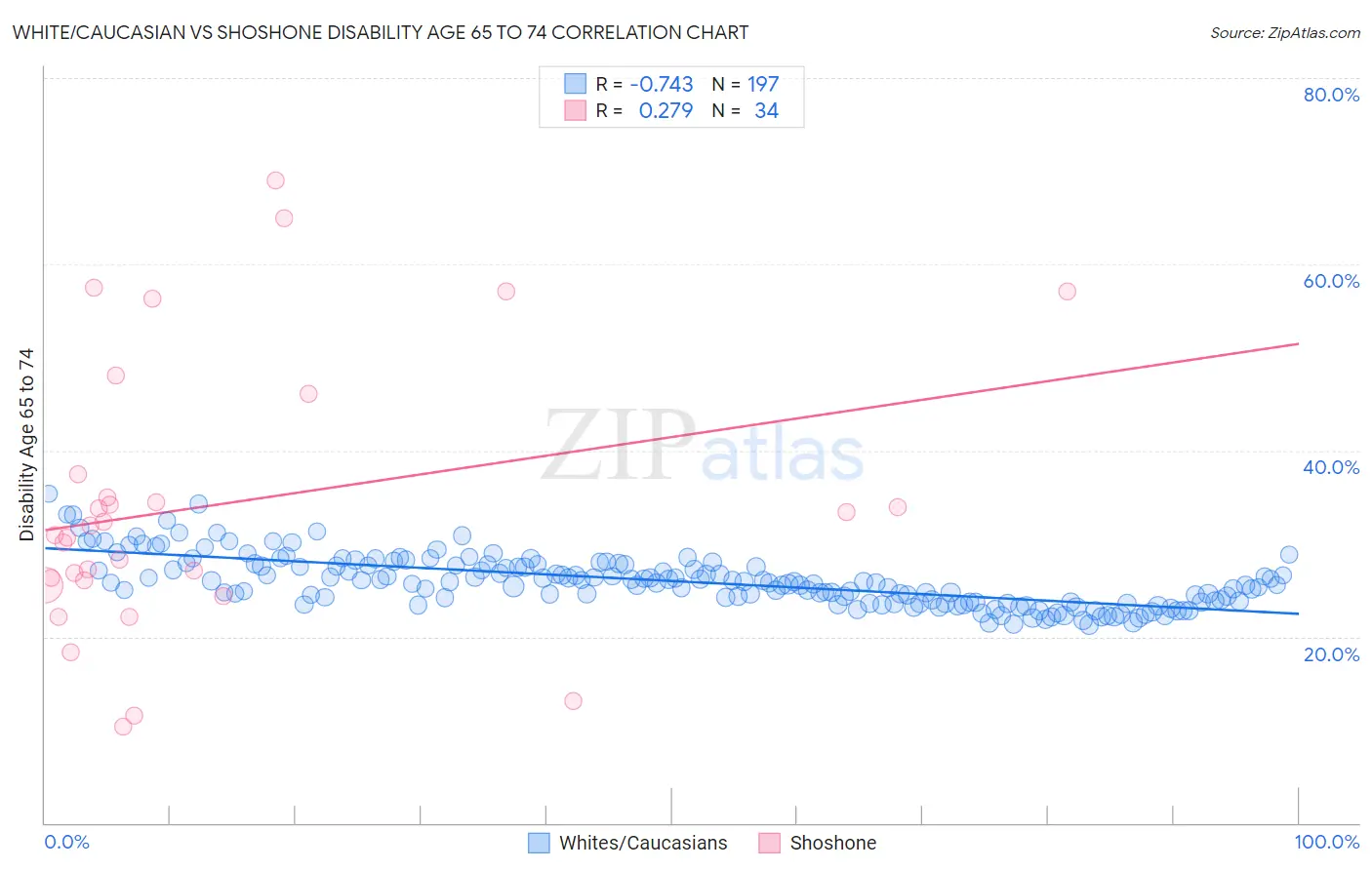 White/Caucasian vs Shoshone Disability Age 65 to 74