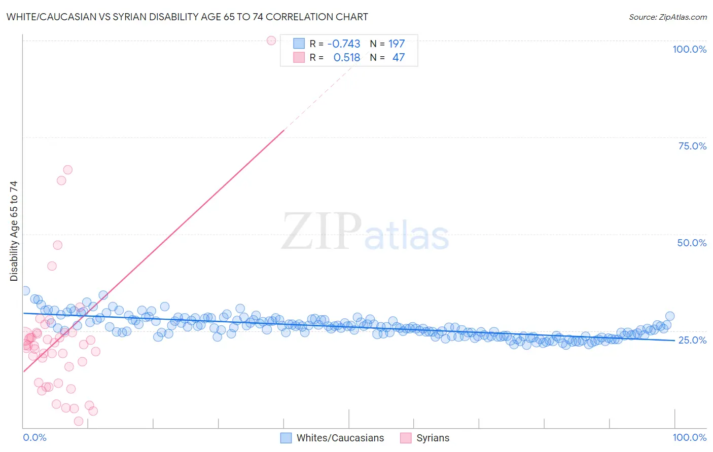 White/Caucasian vs Syrian Disability Age 65 to 74