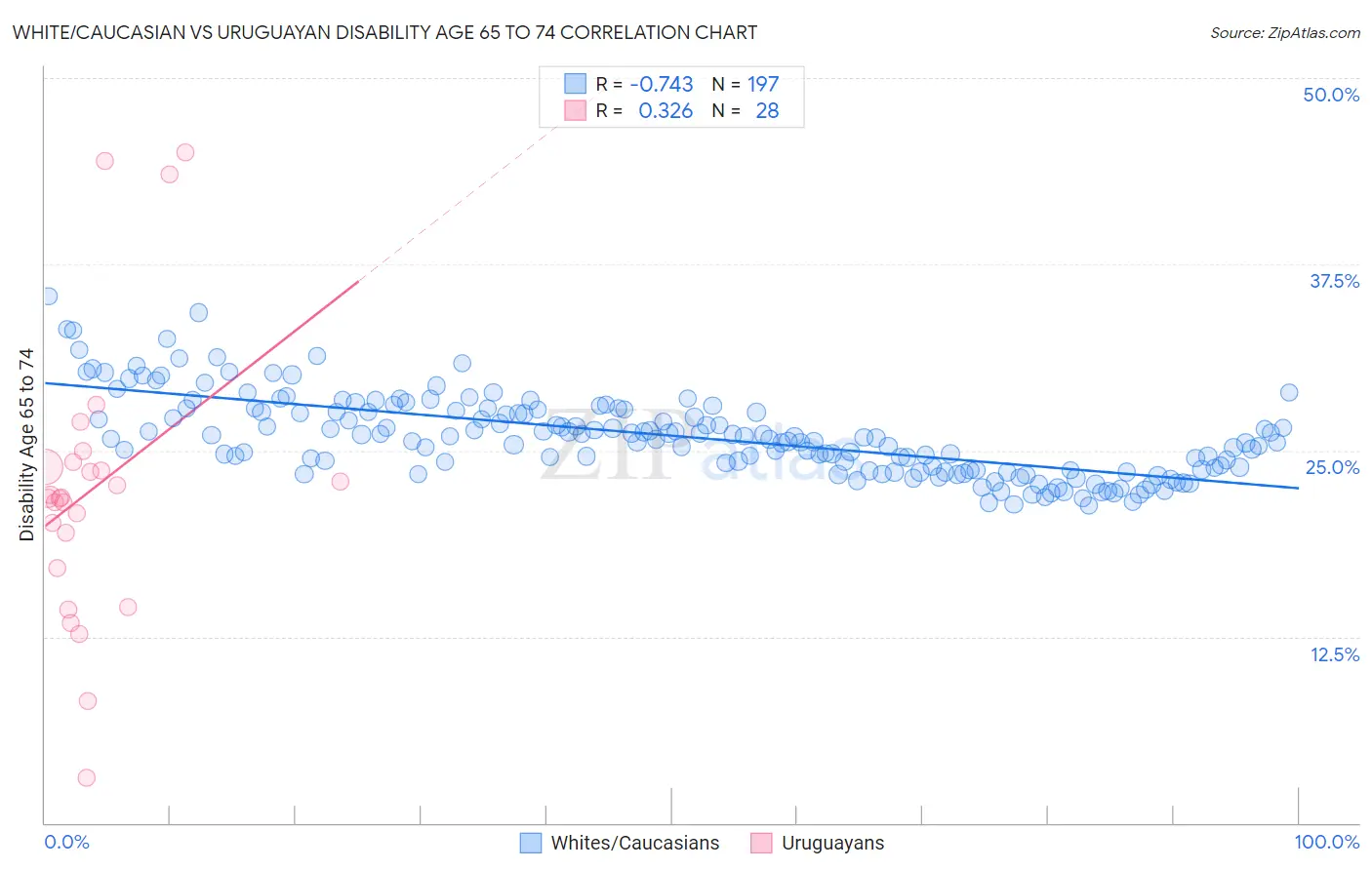 White/Caucasian vs Uruguayan Disability Age 65 to 74