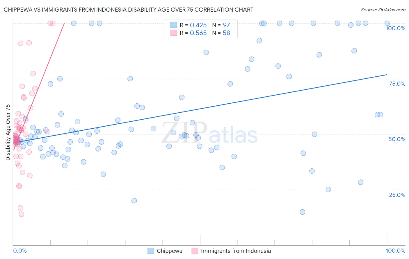 Chippewa vs Immigrants from Indonesia Disability Age Over 75