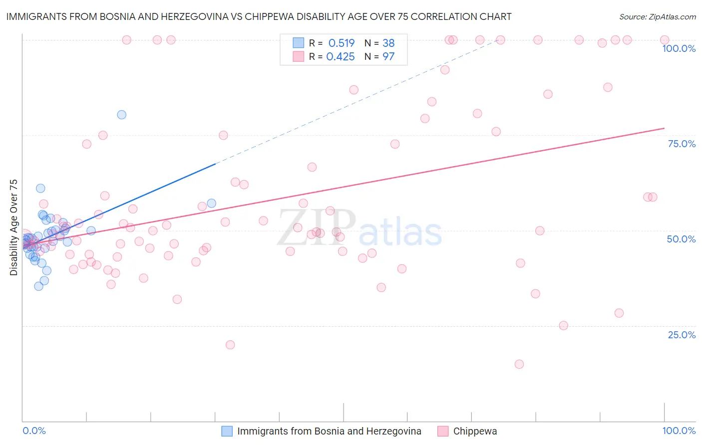 Immigrants from Bosnia and Herzegovina vs Chippewa Disability Age Over 75