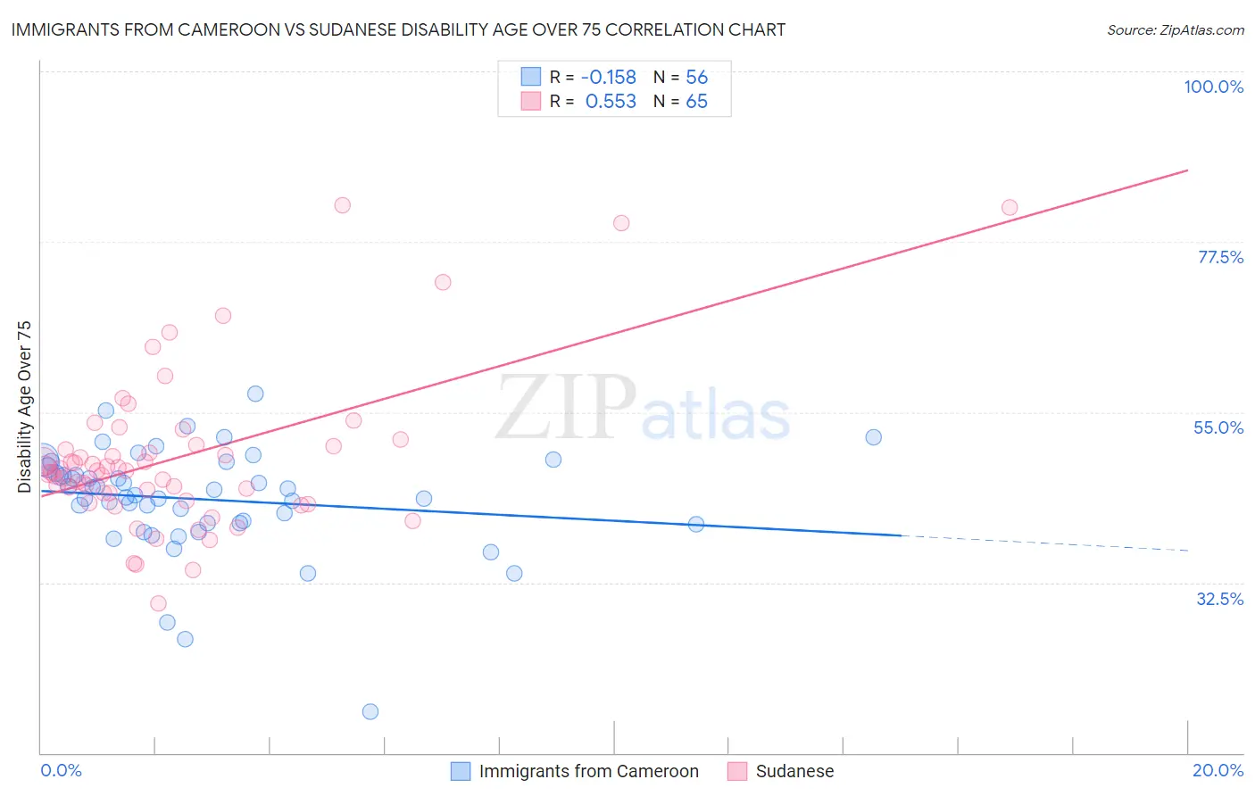 Immigrants from Cameroon vs Sudanese Disability Age Over 75