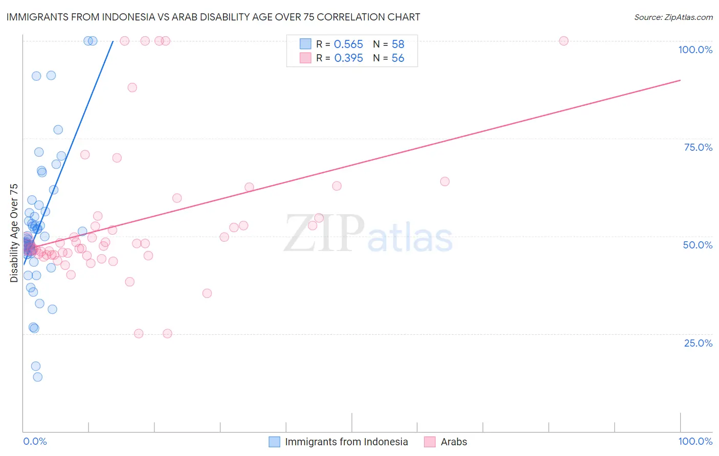 Immigrants from Indonesia vs Arab Disability Age Over 75