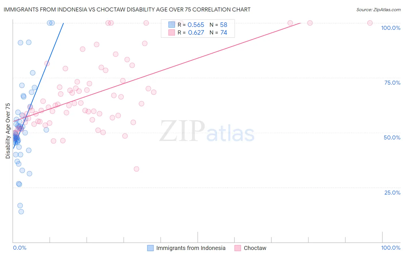 Immigrants from Indonesia vs Choctaw Disability Age Over 75