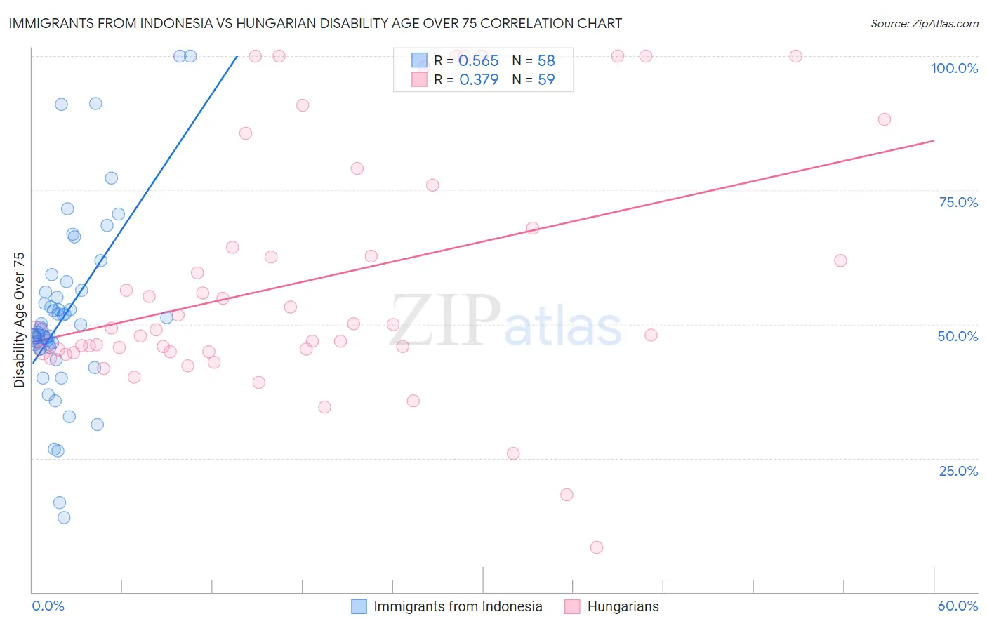 Immigrants from Indonesia vs Hungarian Disability Age Over 75