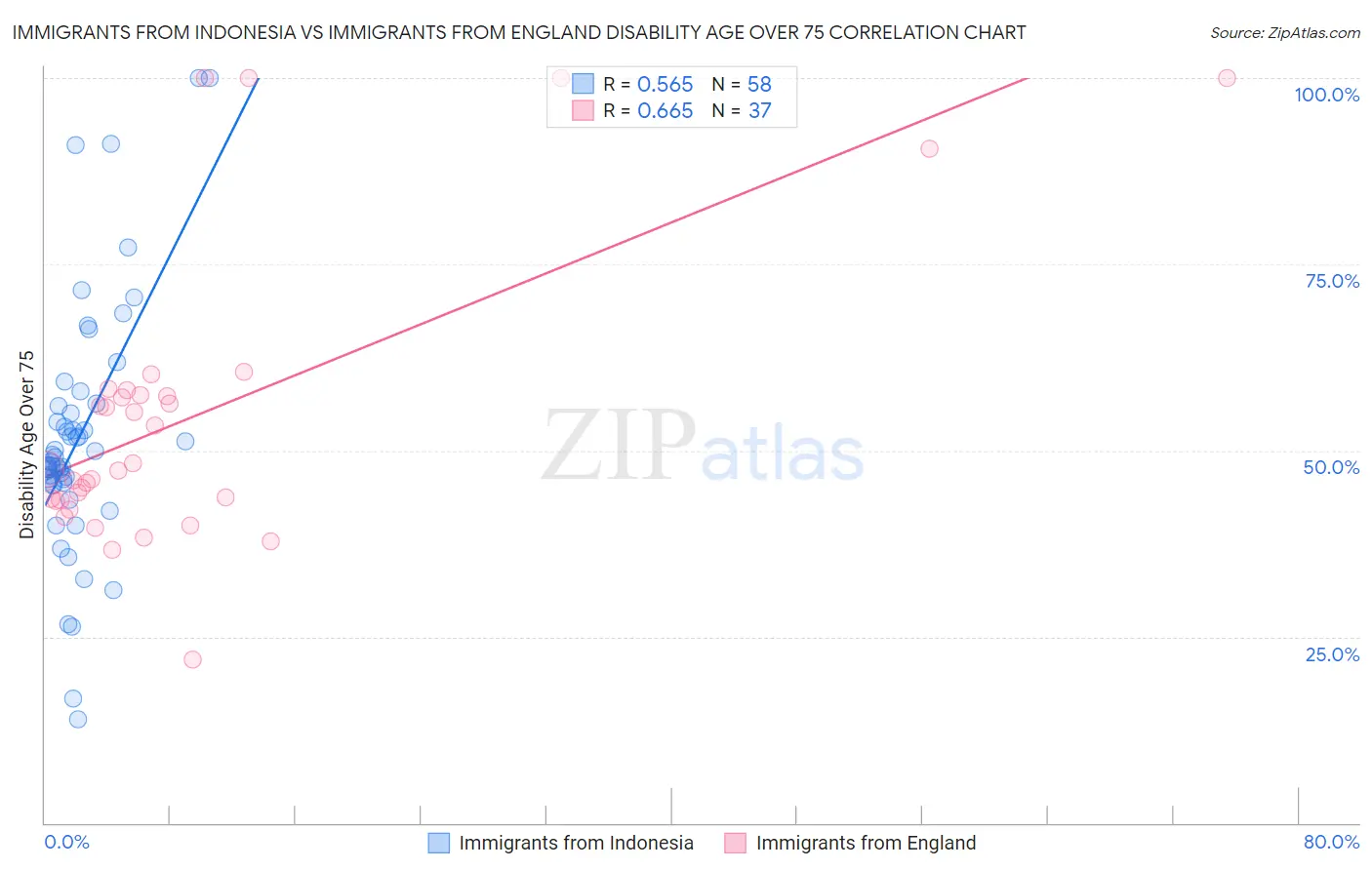 Immigrants from Indonesia vs Immigrants from England Disability Age Over 75