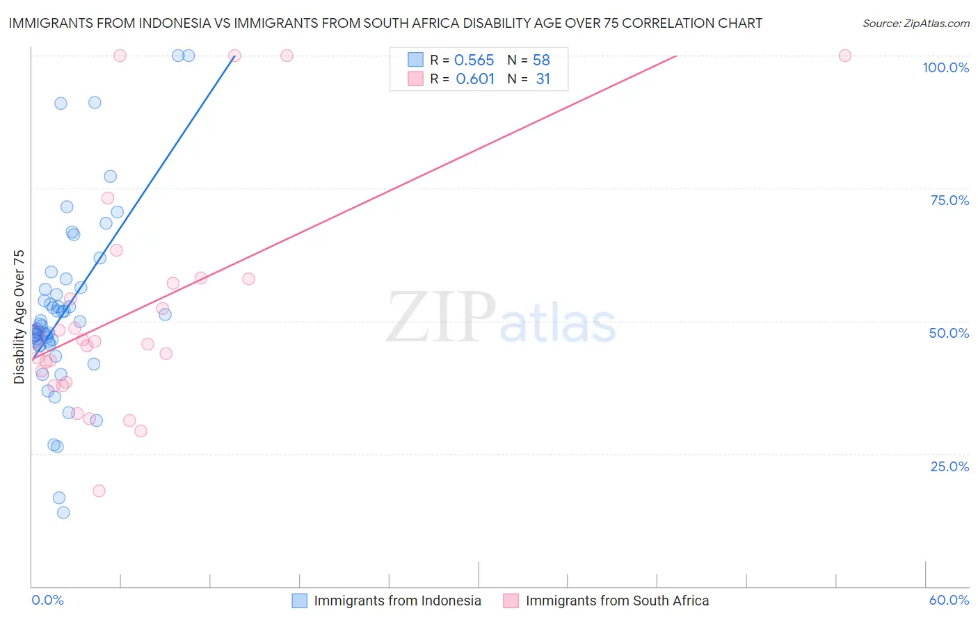 Immigrants from Indonesia vs Immigrants from South Africa Disability Age Over 75