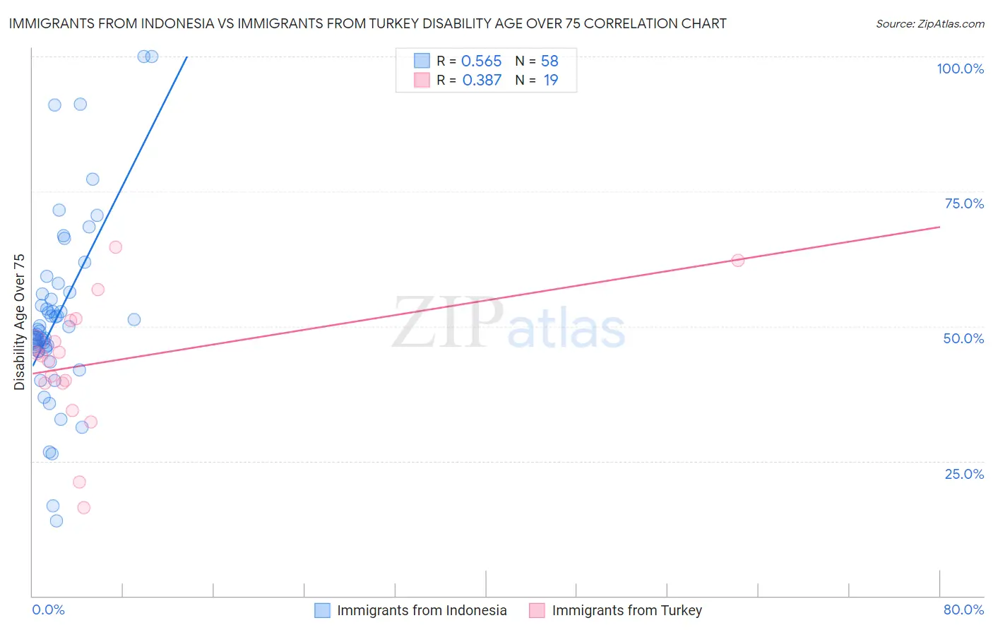 Immigrants from Indonesia vs Immigrants from Turkey Disability Age Over 75