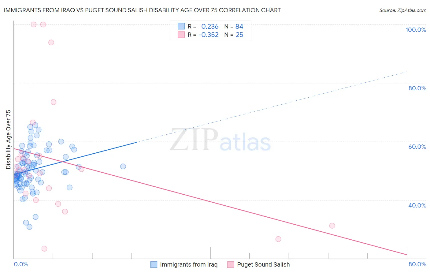 Immigrants from Iraq vs Puget Sound Salish Disability Age Over 75