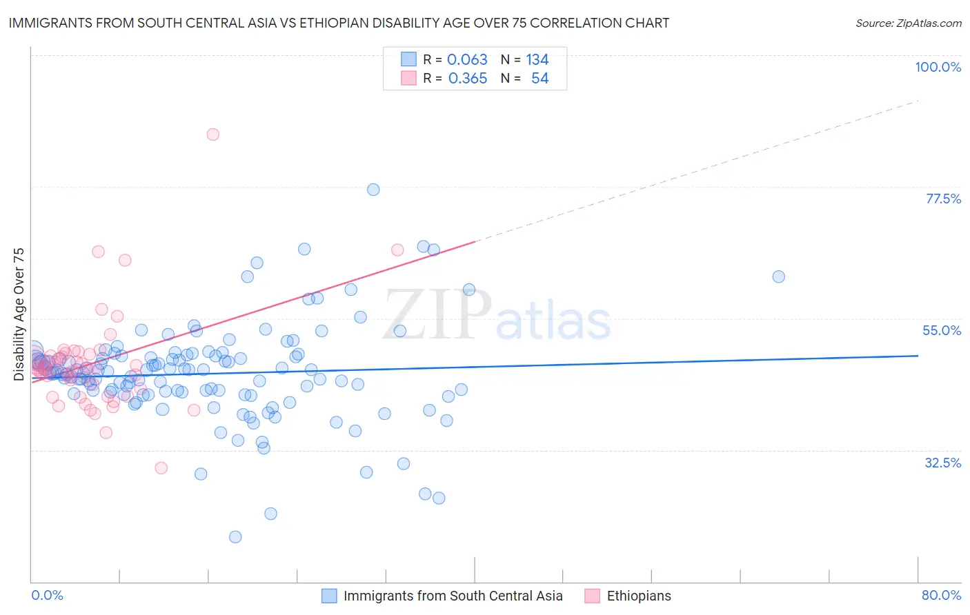 Immigrants from South Central Asia vs Ethiopian Disability Age Over 75