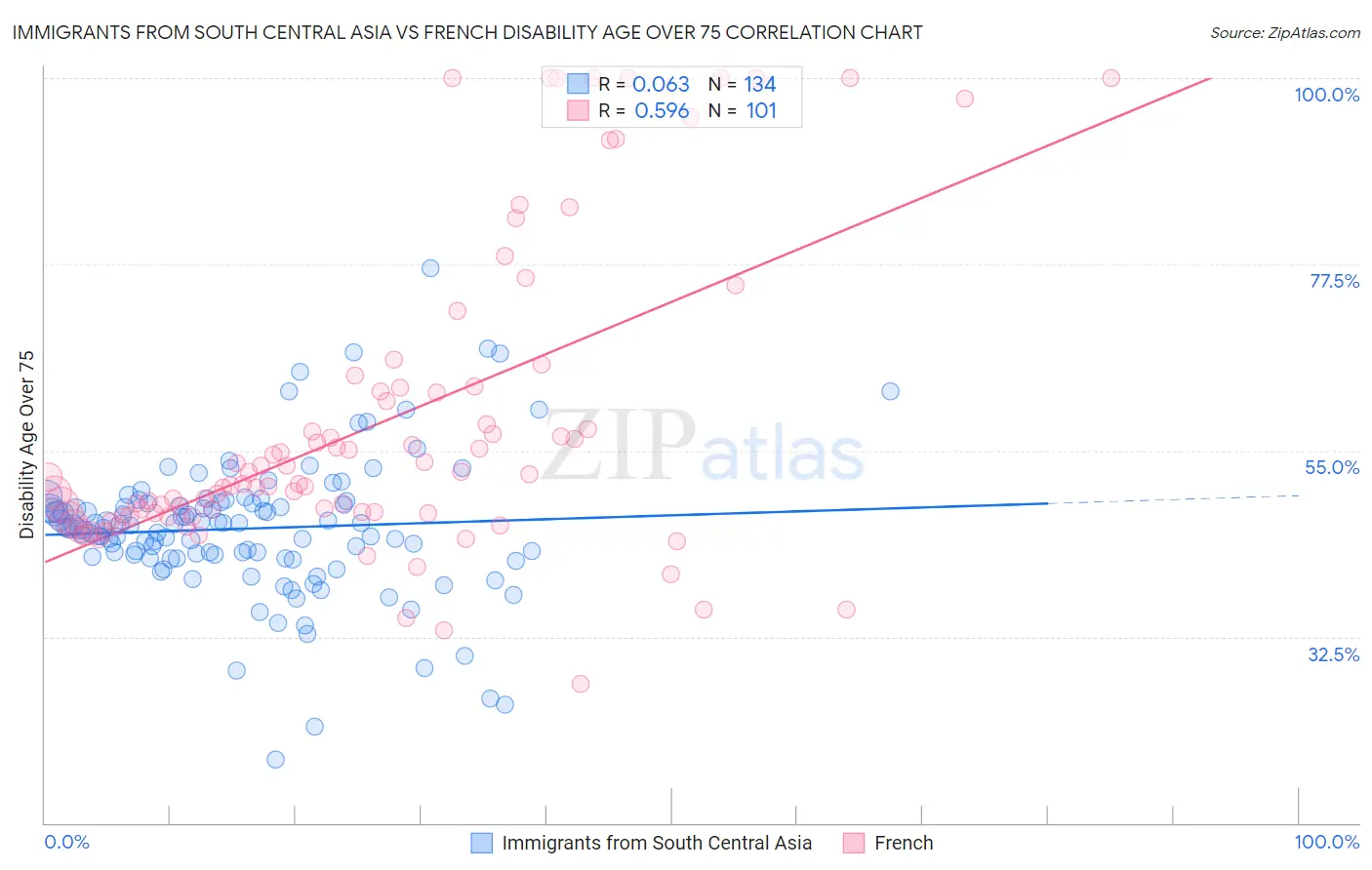 Immigrants from South Central Asia vs French Disability Age Over 75