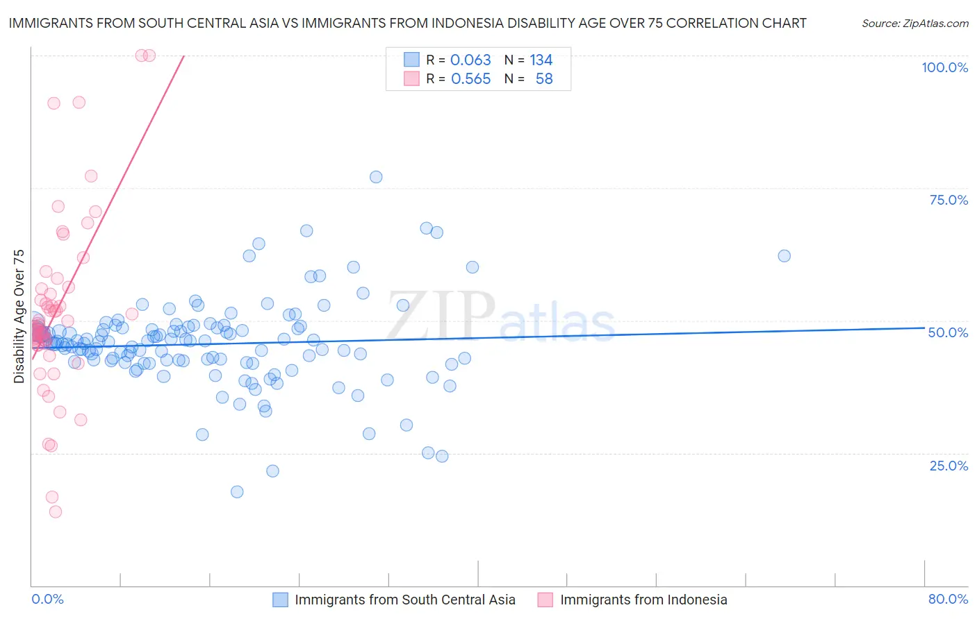 Immigrants from South Central Asia vs Immigrants from Indonesia Disability Age Over 75