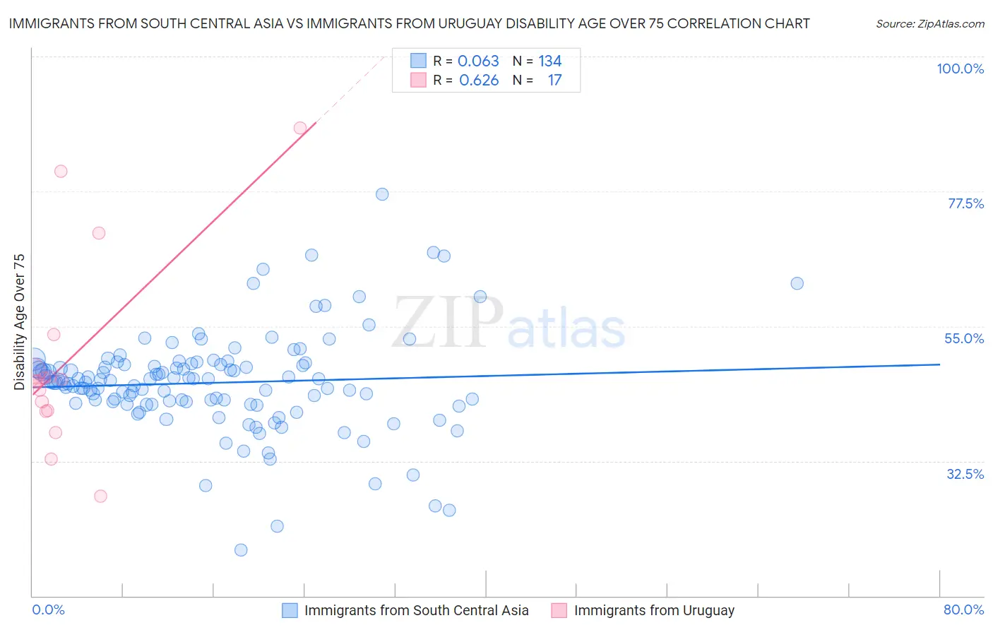 Immigrants from South Central Asia vs Immigrants from Uruguay Disability Age Over 75
