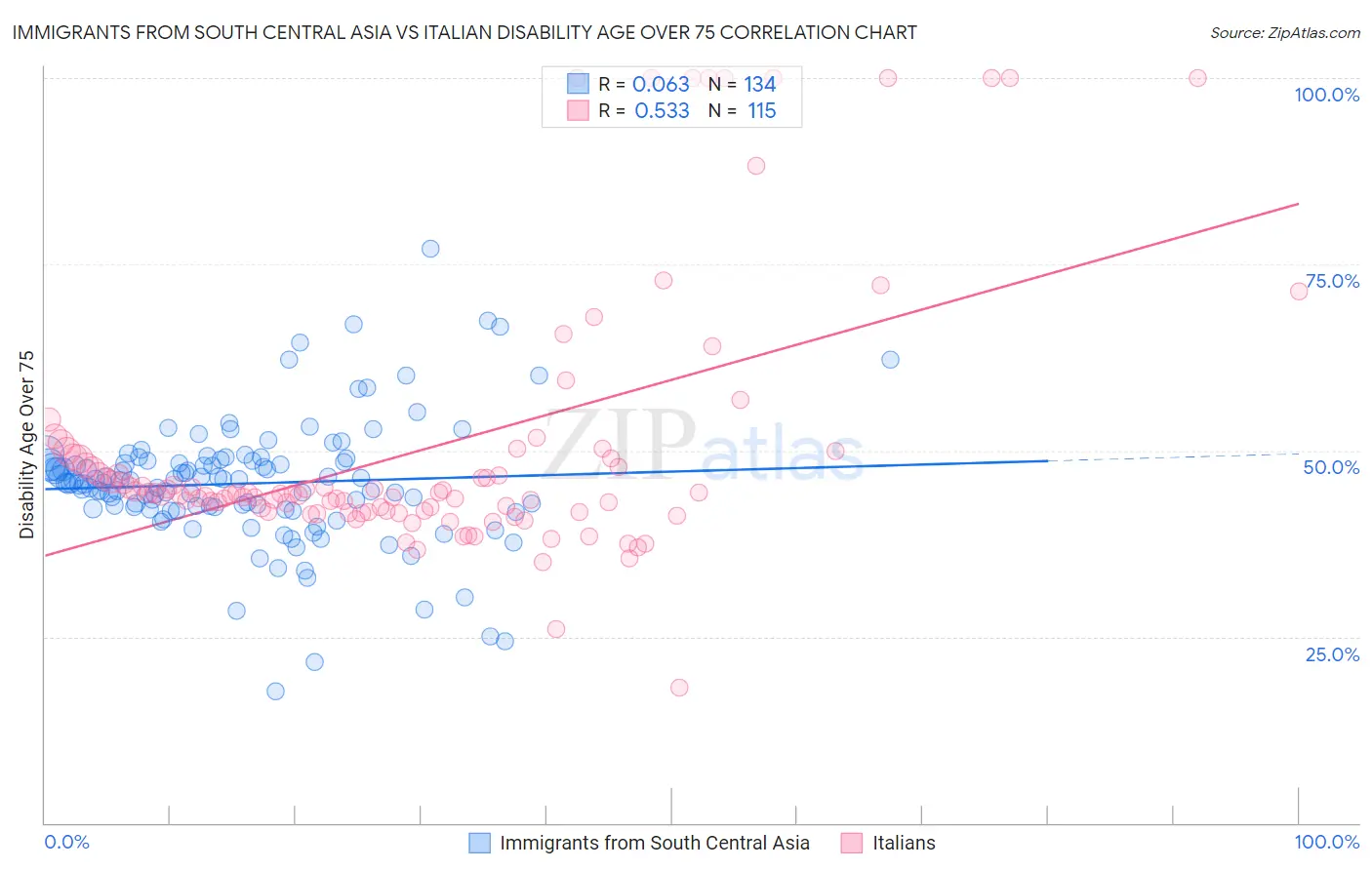 Immigrants from South Central Asia vs Italian Disability Age Over 75