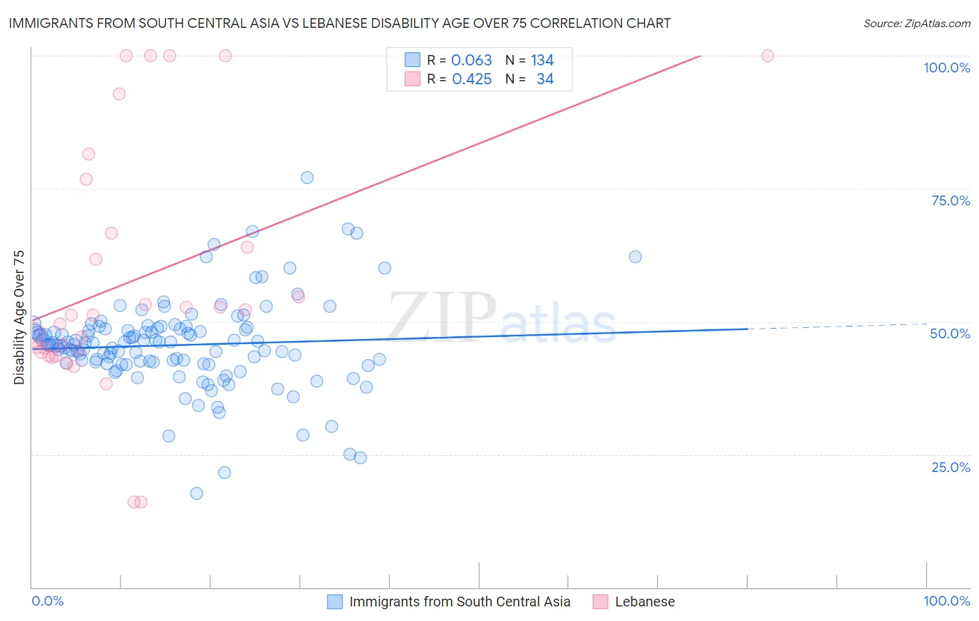 Immigrants from South Central Asia vs Lebanese Disability Age Over 75