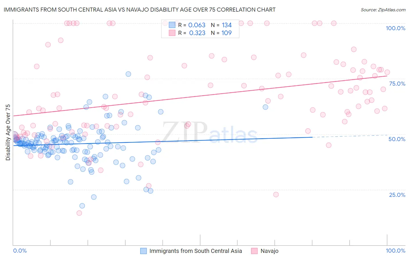 Immigrants from South Central Asia vs Navajo Disability Age Over 75