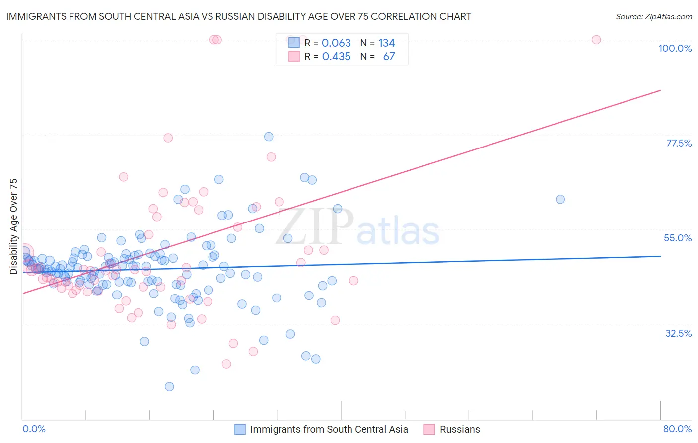 Immigrants from South Central Asia vs Russian Disability Age Over 75