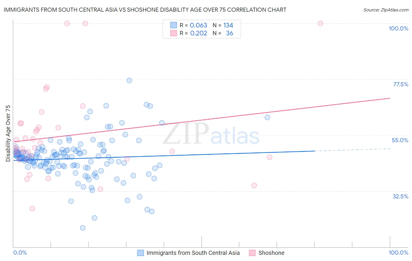 Immigrants from South Central Asia vs Shoshone Disability Age Over 75