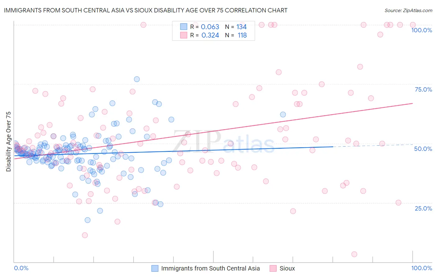 Immigrants from South Central Asia vs Sioux Disability Age Over 75