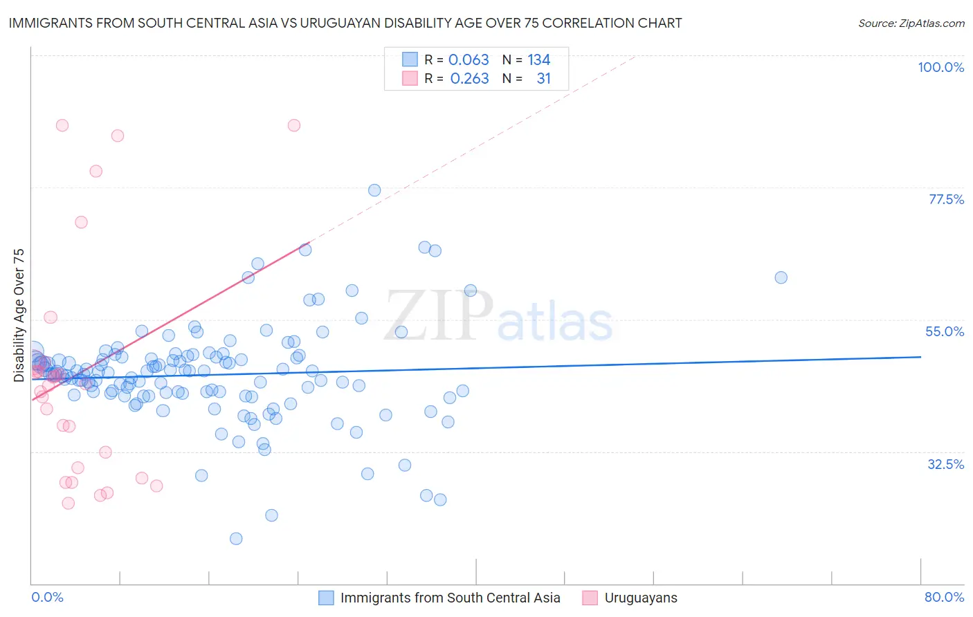 Immigrants from South Central Asia vs Uruguayan Disability Age Over 75