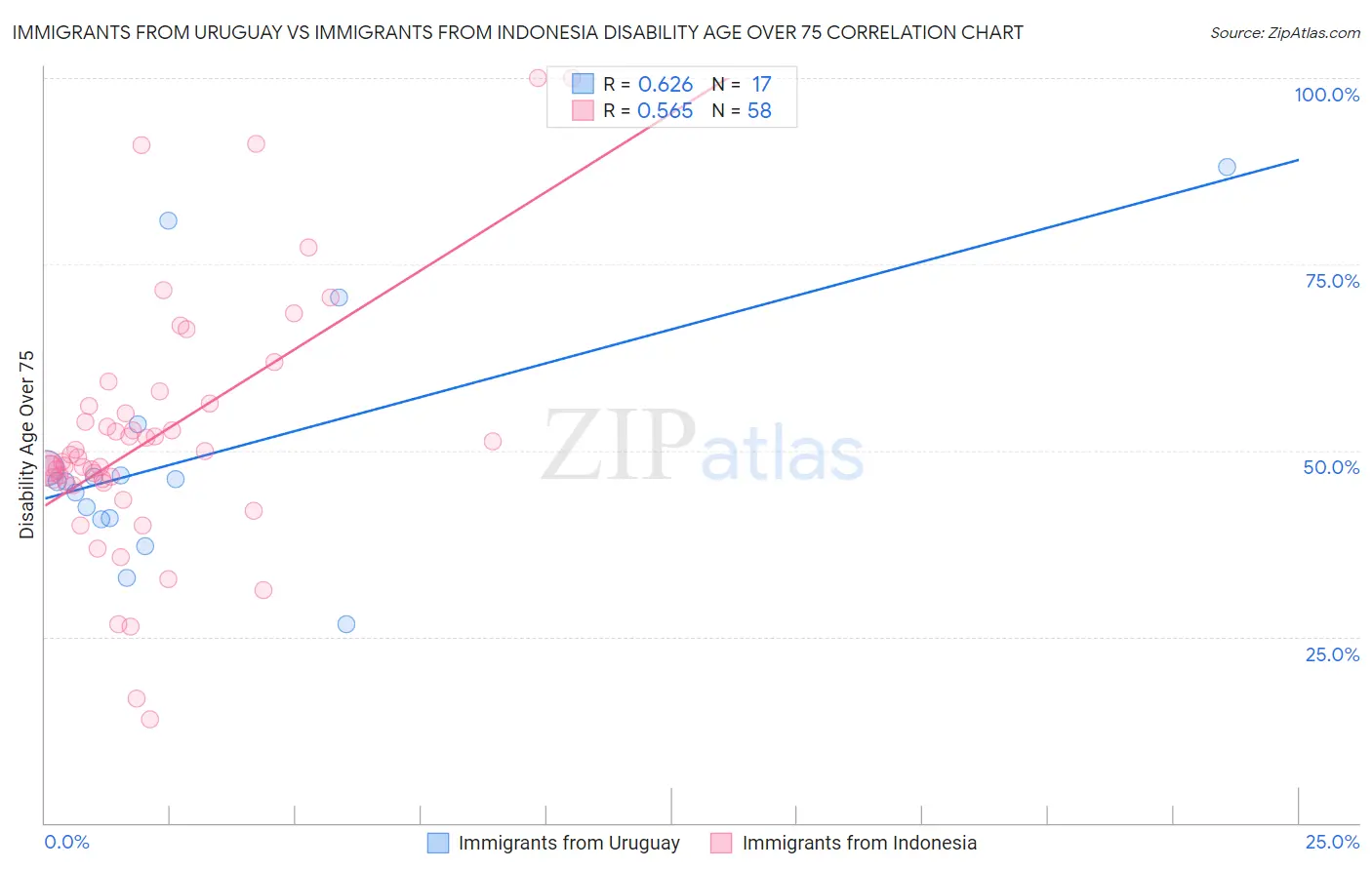 Immigrants from Uruguay vs Immigrants from Indonesia Disability Age Over 75