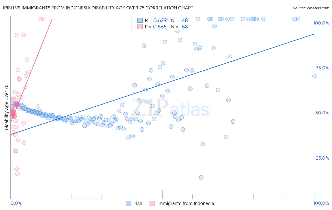 Irish vs Immigrants from Indonesia Disability Age Over 75