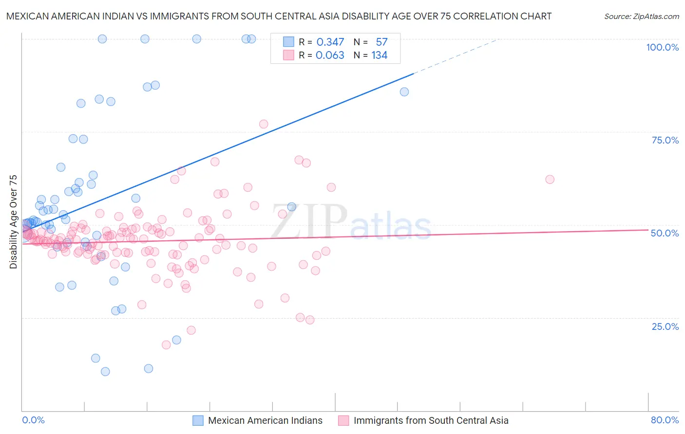 Mexican American Indian vs Immigrants from South Central Asia Disability Age Over 75