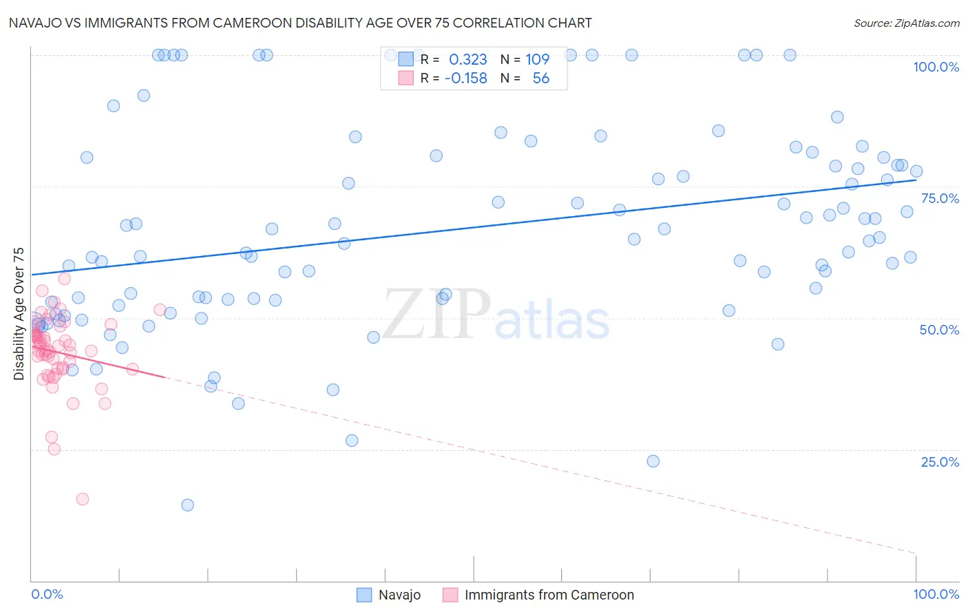 Navajo vs Immigrants from Cameroon Disability Age Over 75