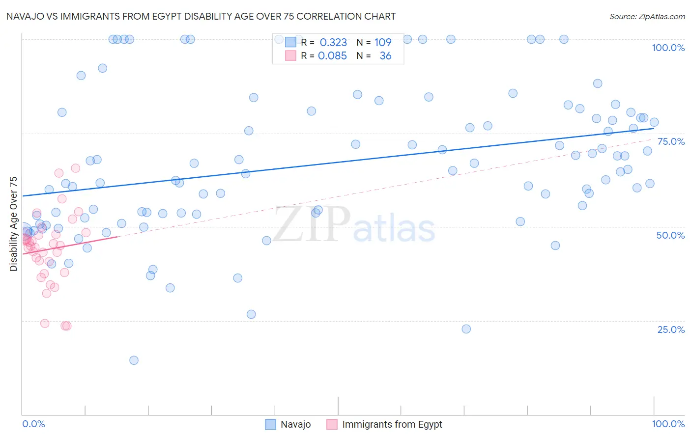 Navajo vs Immigrants from Egypt Disability Age Over 75