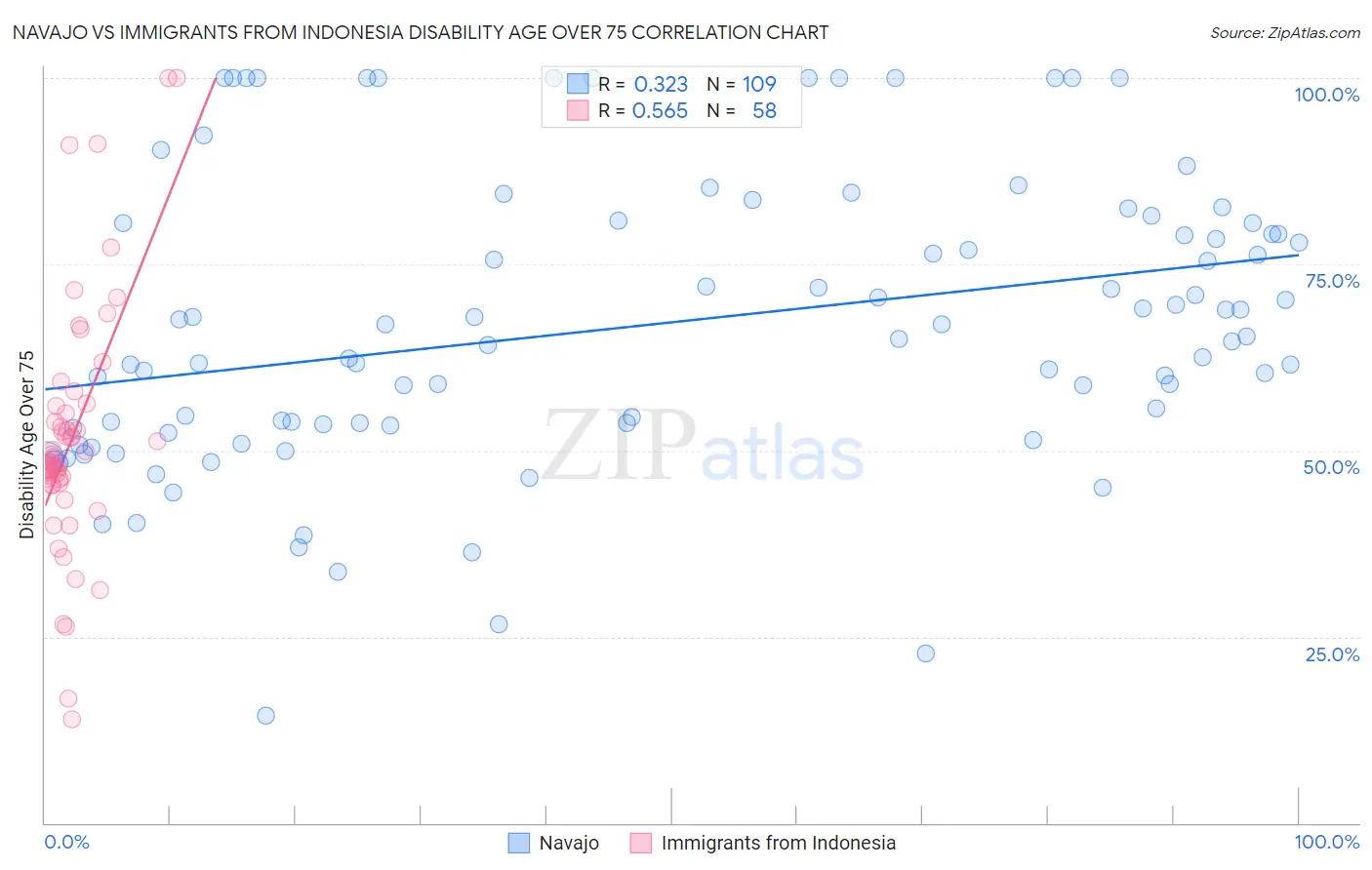 Navajo vs Immigrants from Indonesia Disability Age Over 75